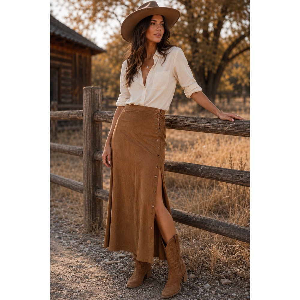 Mesmerize Brown Faux Suede Lace Up Maxi Skirt 32 Waist Western Boho Slit Y2K